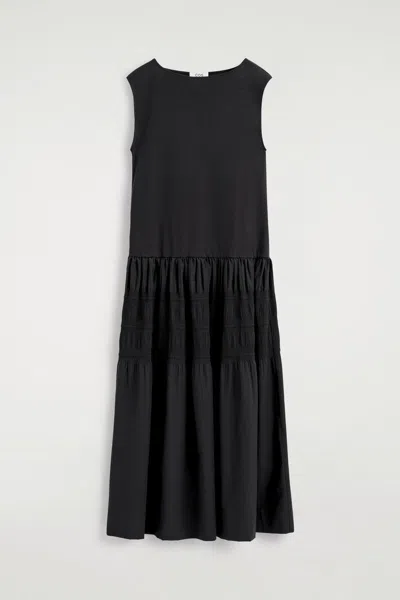 Cos Tiered Gathered Midi Dress In Black