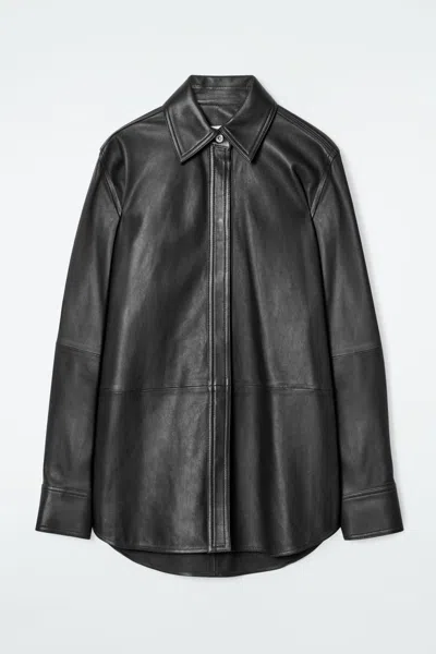 Cos Topstitched Leather Shirt In Black