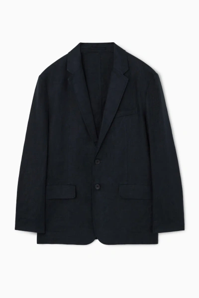 Cos Unstructured Single-breasted Linen Blazer In Blue