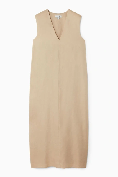 Cos V-neck Linen-blend Dress In Beige