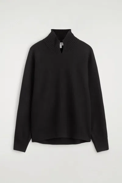 Cos V-detail Boiled-wool Mock-neck Sweater In Black