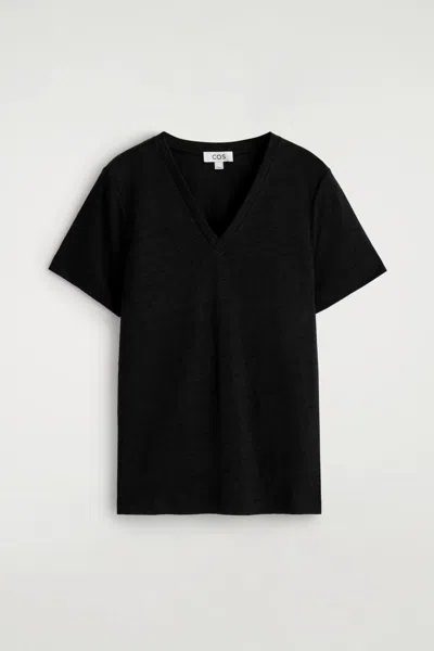 Cos V-neck Linen T-shirt In Black