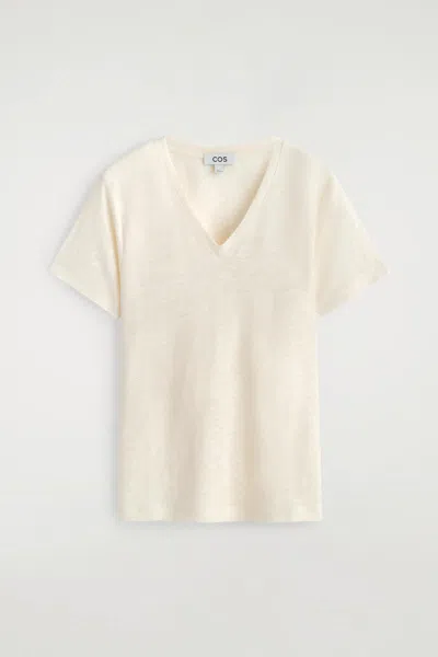 Cos V-neck Linen T-shirt In White