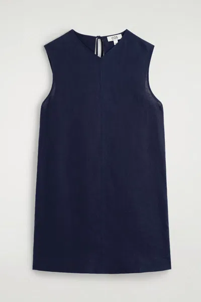 Cos V-neck Open-back Linen Mini Dress In Blue