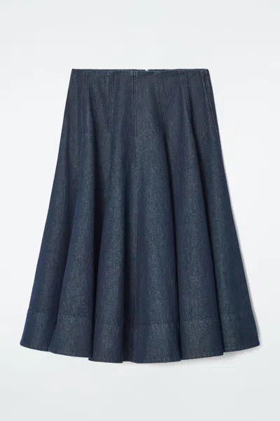 Cos Voluminous Pleated Denim Midi Skirt In Blue