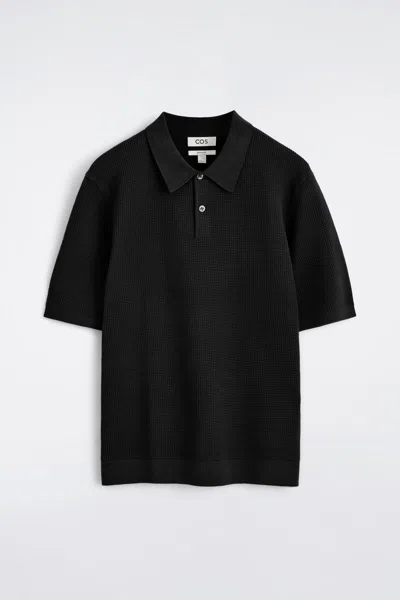 Cos Waffle-knit Cotton Polo Shirt In Black
