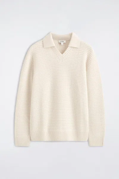 Cos Waffle-knit Wool Polo Sweater In White