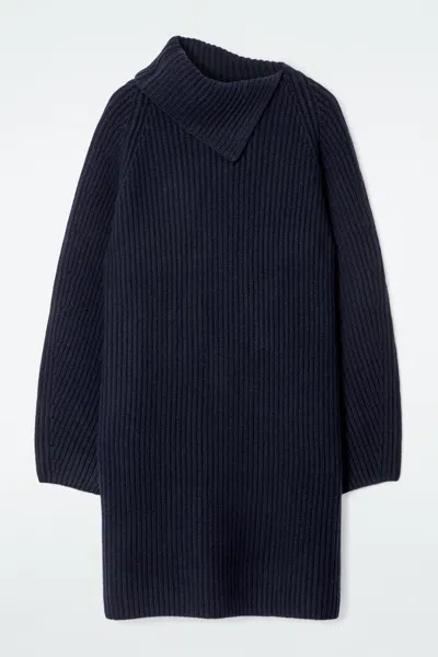 Cos Wrap-collar Merino Wool Dress In Blue