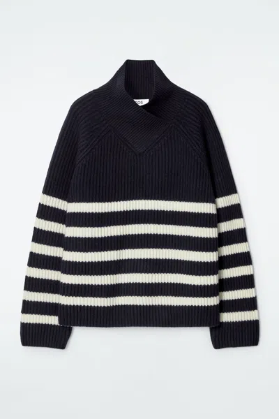 Cos Wrap-collar Merino Wool Jumper In Blue