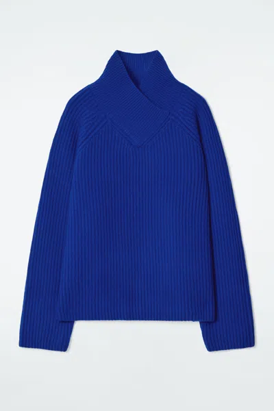 Cos Wrap-collar Merino Wool Jumper In Blue