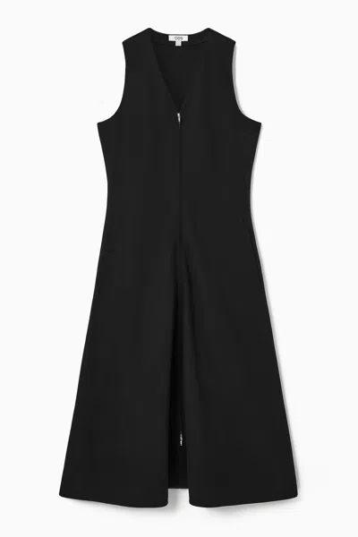 Cos Zip-front V-neck Midi Dress In Black