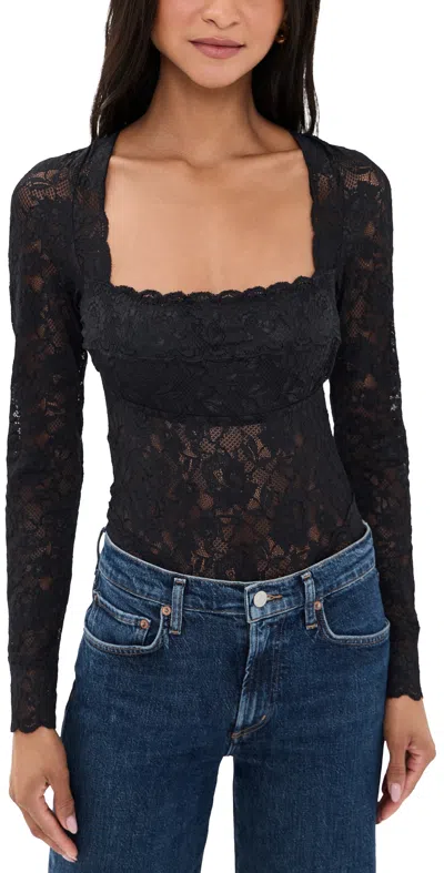 Cosabella Long Sleeve Lace Teddy Thong Bodysuit Black