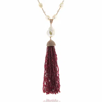 Cosanuova Women's Pearl And Red Jade Tassel Necklace In Rose Gold
