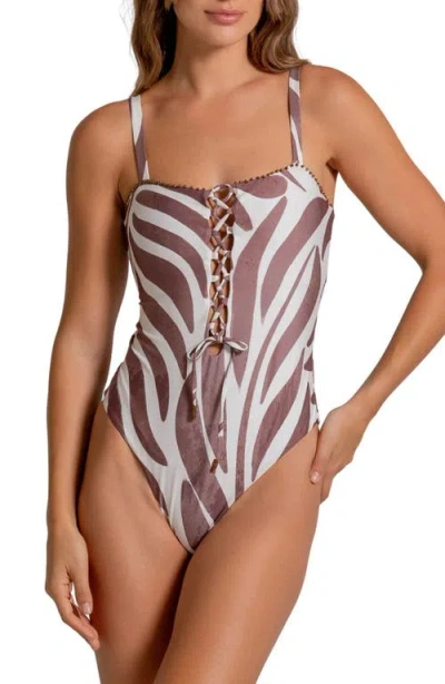 Cosita Linda Bead Trim Lace-up One-piece Swimsuit In Brown