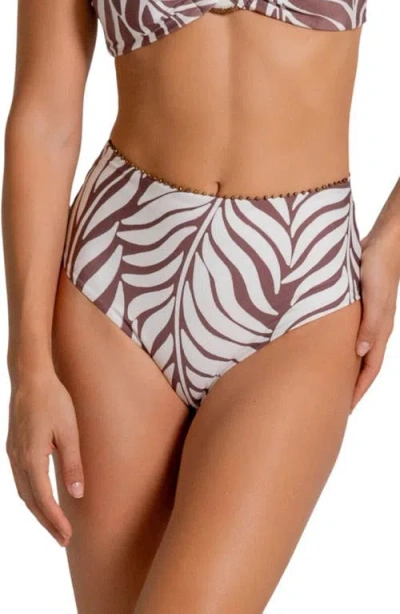 Cosita Linda Bead Trim Tie Back High Waist Bikini Bottoms In Brown