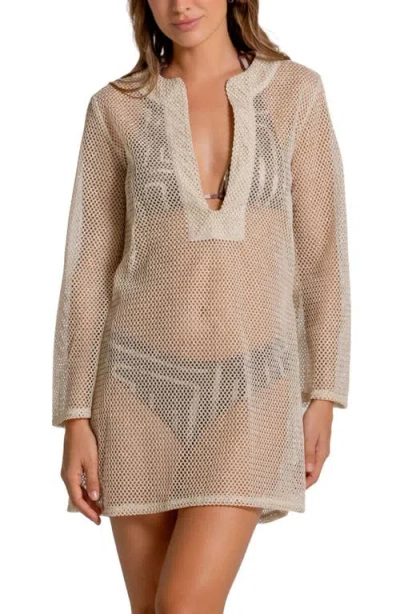 Cosita Linda Metallic Long Sleeve Sheer Open Stitch Cover-up Minidress