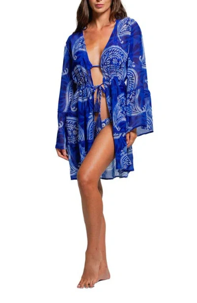 Cosita Linda Print Bell Sleeve Cover-up Dress In Blue