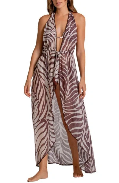 Cosita Linda Print Halter Cover-up Maxi Dress In Brown