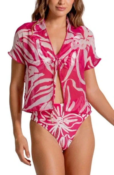 Cosita Linda Relaxed Fit Semisheer Crop Cover-up Shirt In Pink