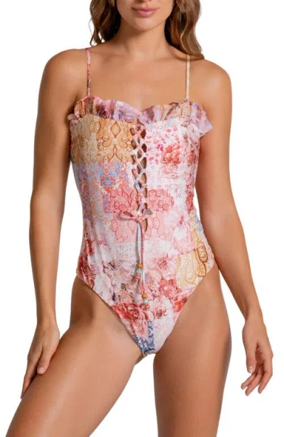 Cosita Linda Ruffle Lace-up One-piece Swimsuit In Multi