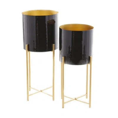 Cosmoliving By Cosmopolitan 2 Piece Metal Indoor Outdoor Planter With Removable Stand Set In Black