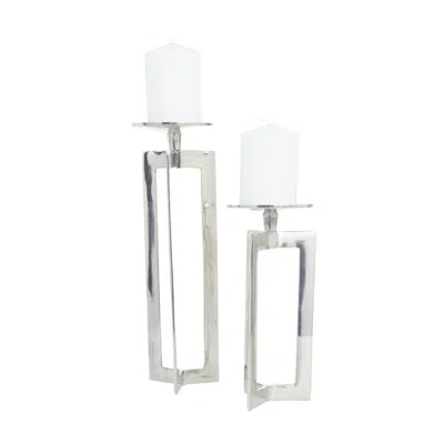 Cosmoliving By Cosmopolitan Aluminum Metal Pillar Geometric Decorative Candle Holder Set In Silver