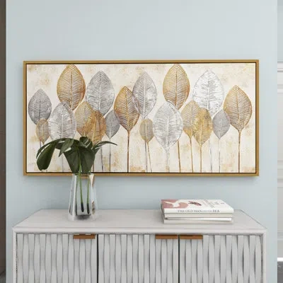 Cosmoliving By Cosmopolitan Canvas Leaf Living Room Framed Wall Art With Silver Accents And Gold Frame In Brown;gray;gold;tan