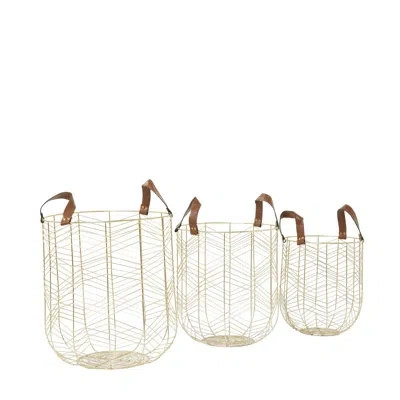 Cosmoliving By Cosmopolitan Metal Decorative And Functional Gold Storage Basket With Faux Leather Handles Set