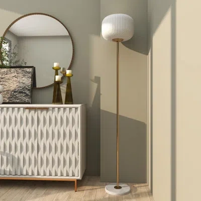 Cosmoliving By Cosmopolitan Metal White Floor Lamp With Round Ribbed Shade In Gold