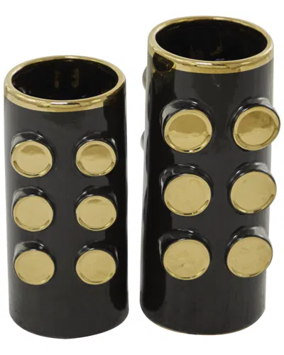 Cosmoliving By Cosmopolitan Set Of 2 Ceramic Vase With Circle Accents In Black