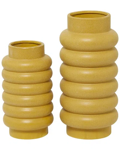 Cosmoliving By Cosmopolitan Set Of 2 Ceramic Vase With Ring Ribbing In Yellow