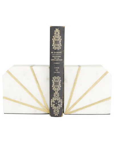 Cosmoliving By Cosmopolitan Set Of 2 Geometric White Marble Bookends With Gold Inlay In Neutral
