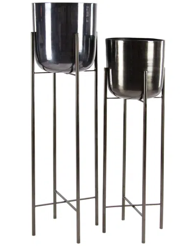 Cosmoliving By Cosmopolitan Set Of 2 Metal Dome Planters With Stands In Black