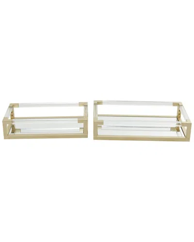 Cosmoliving By Cosmopolitan Set Of 2 Metal Mirrored Tray With Acrylic Handles In White