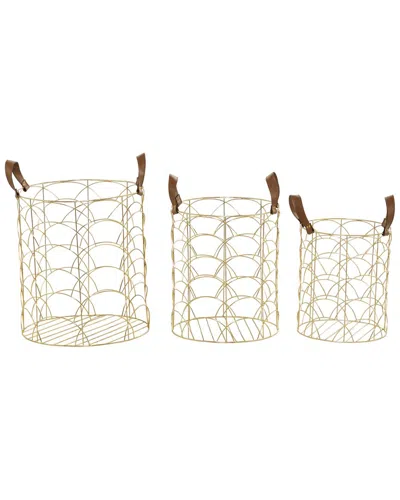 Cosmoliving By Cosmopolitan Set Of 3 Gold Metal Storage Basket With Faux Leather Handles