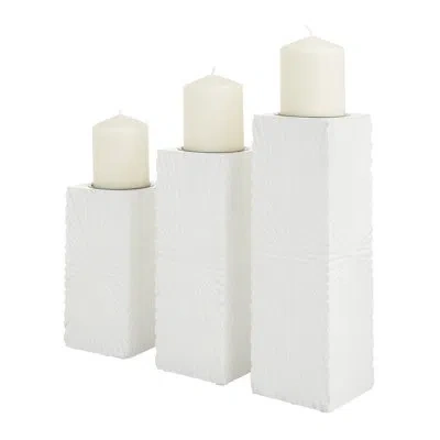 Cosmoliving By Cosmopolitan Wooden Carved Pillar Geometric Decorative Candle Holder Set In White