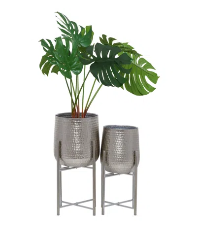 Cosmoliving Metal Deep Recessed Dome Planter With Removable Stand Set Of 2 In Silver