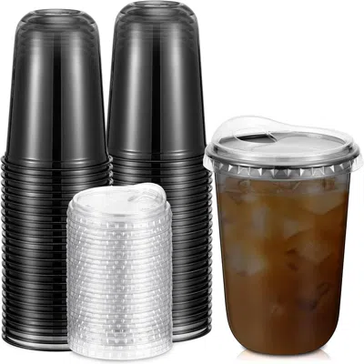 Cossio 50 Pcs Round Bottom Plastic Cups With Sip Lids Clear Disposable Iced Coffee Cups For Smoothie Cold B In Black