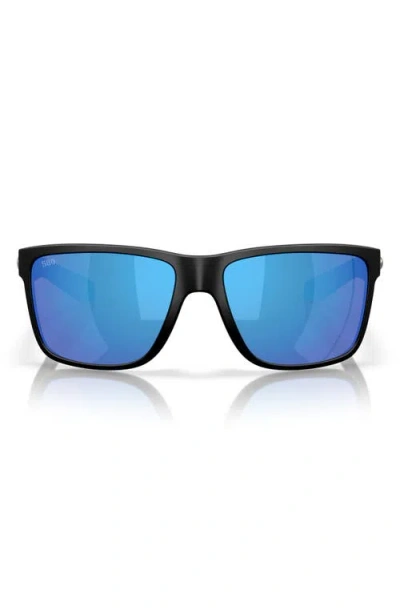 Costa Del Mar Broadbill Ii 58mm Polarized Rectangular Sunglasses In Matte Black/blue Mirror 580g