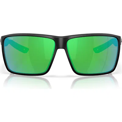 Costa Del Mar Rincon Ii 64mm Mirrored Polarized Oversize Rectangular Sunglasses In Matte Black/green Mirror 580p