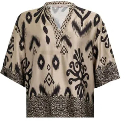 Costa Mani Border Short Sleeved Blouse In Sand With Black Print In Neutrals