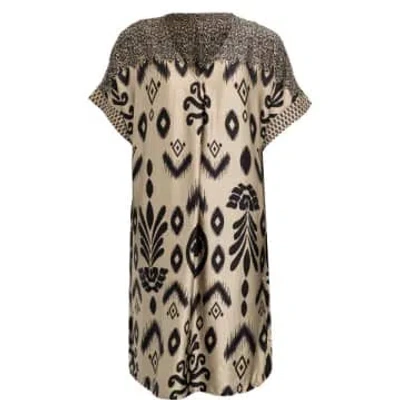 Costa Mani Border Short Sleeved Dress In Sand With Black Print In Neutrals