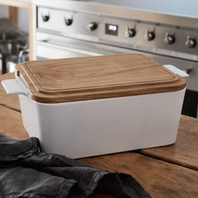 Costa Nova Gift Rect. Bread Box With Oak Wood In White,brown
