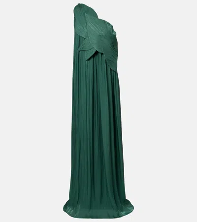 Costarellos Amabel One-shoulder Pleated Gown In Green