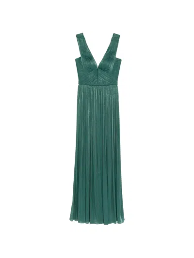Costarellos Anilia Pleated V-neck Maxi Dress In Green