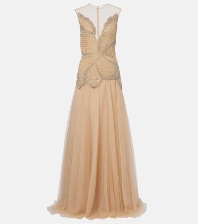 Costarellos Arabella Embellished Tulle Gown In Nude