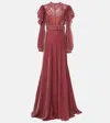 Costarellos Ashley Lace-trimmed Velvet Gown In Pink