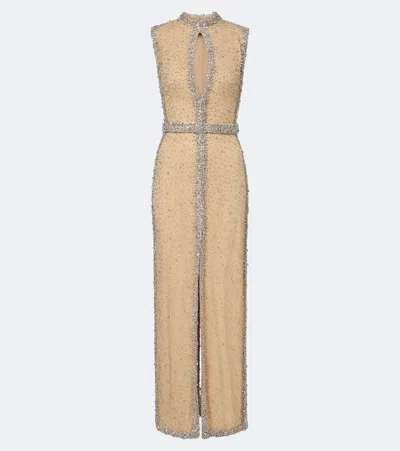 Costarellos Belina Cutout Crystal-embellished Gown In Gold