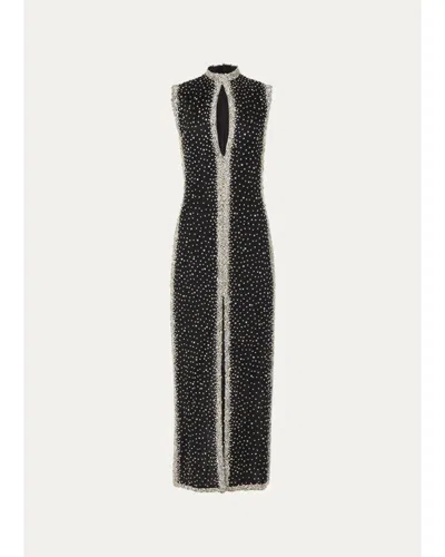 Costarellos Belina Sleeveless Crystal Embroidered Column Gown In Black