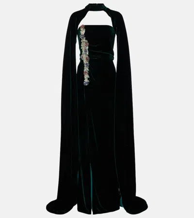 Costarellos Brisha Caped Embellished Velvet Gown In Blue
